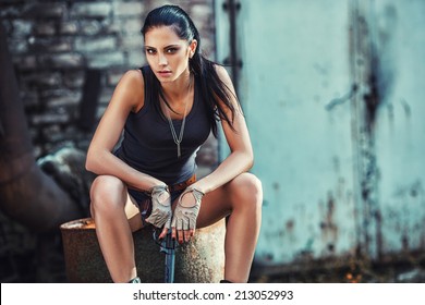 Sexy Brutal Woman Sitting Factory Ruins Stock Photo 213052993 ...