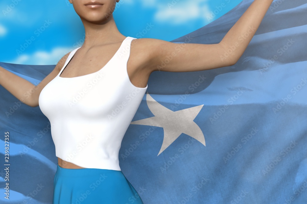 sexy woman in bright skirt holds Somalia flag in hands behind her ...