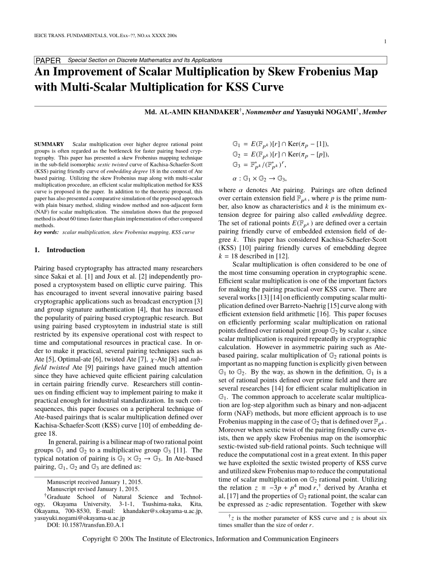 PDF) An Improvement of Scalar Multiplication by Skew Frobenius Map ...