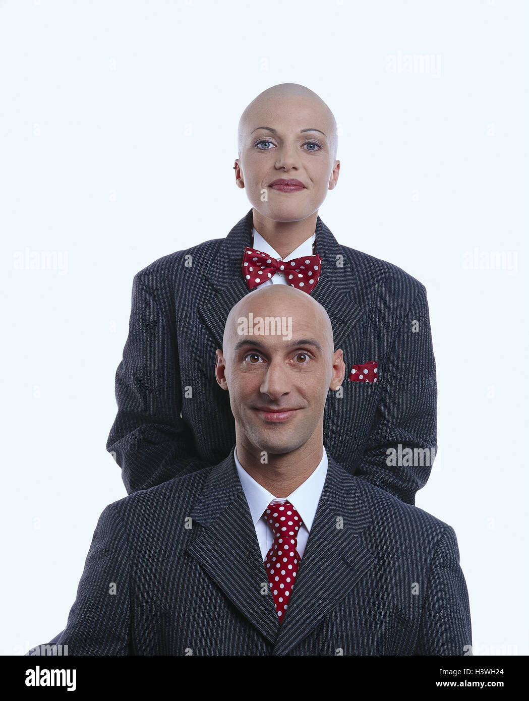 Man, woman, suit, bald head, one after the other, smile couple ...