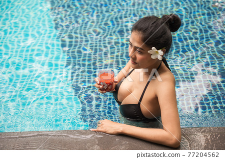 Sexy girl with big boobs drink juice in... - Stock Photo [77204562 ...