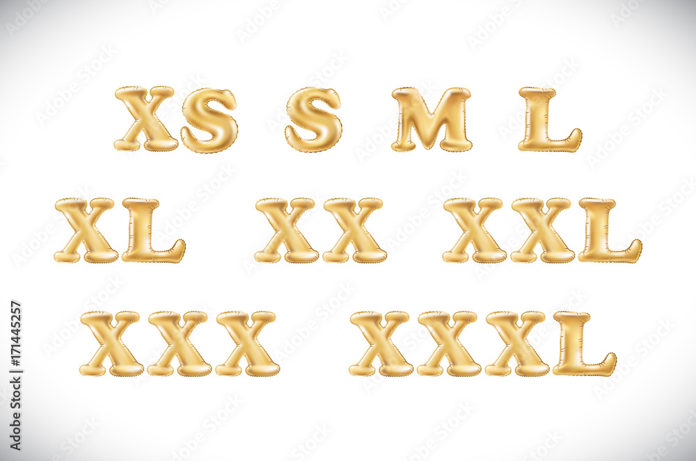 Gold alphabet balloons, Clothes size range set s m l xs xl xxl ...