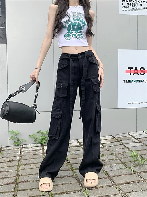 Qweek Harajuku Black Cargo Jeans Women Hip Hop Streetwear Wide Leg ...