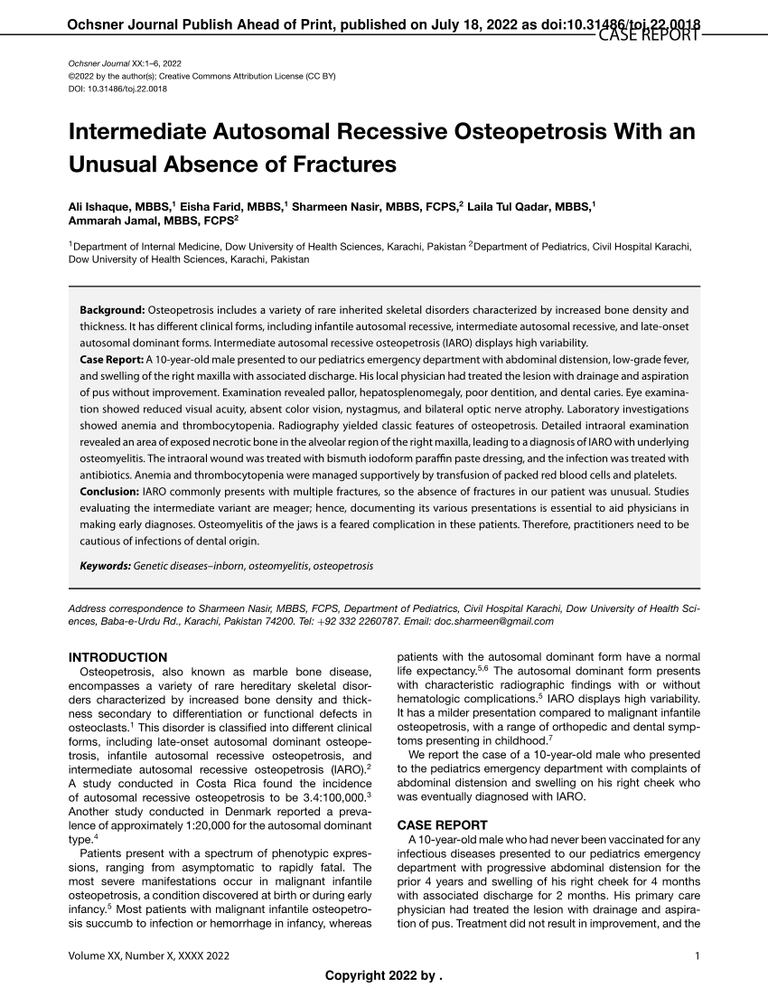 PDF) Intermediate Autosomal Recessive Osteopetrosis With an ...