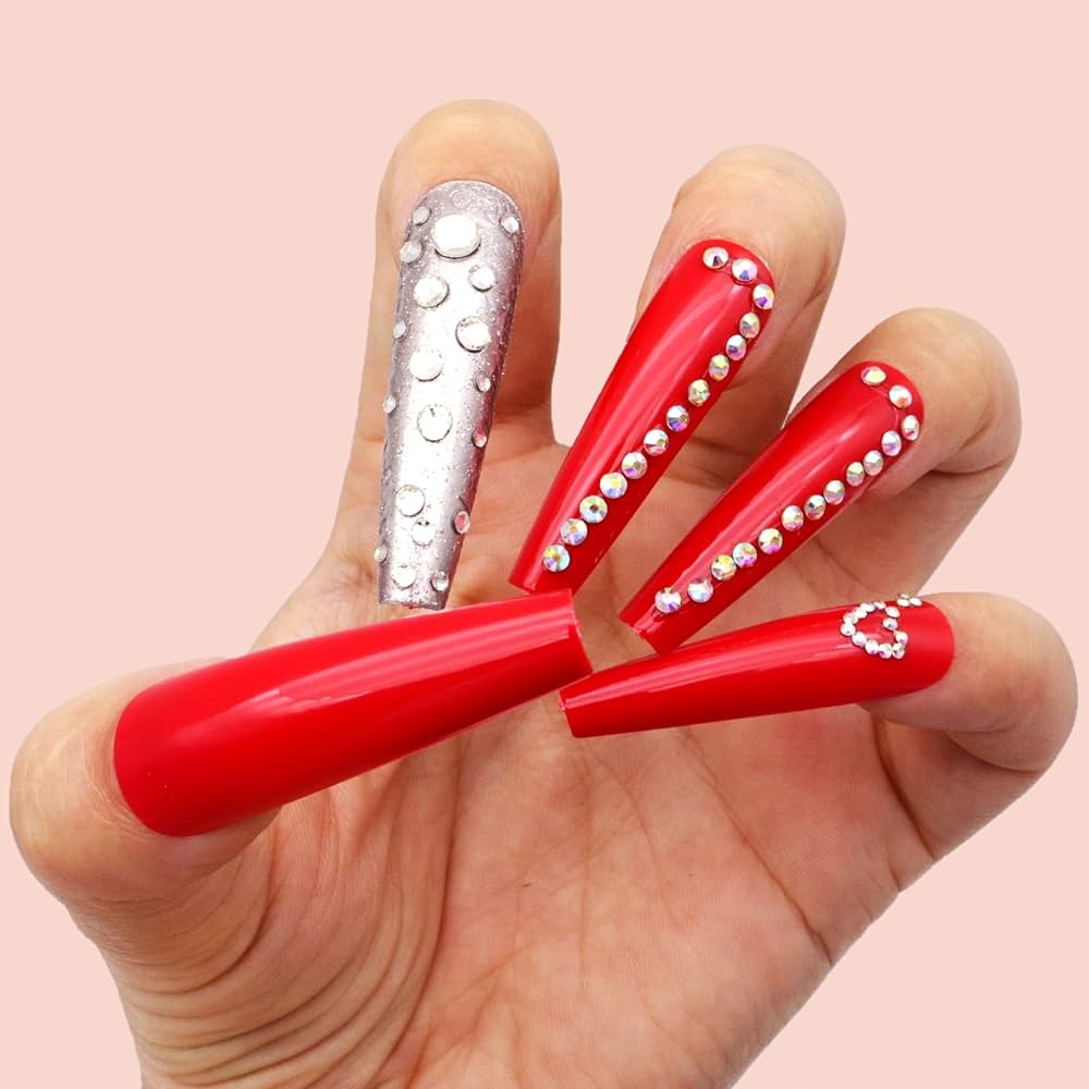 Amazon.com: SIXDIAN Red Press on Nails Long with Glitter Diamond ...