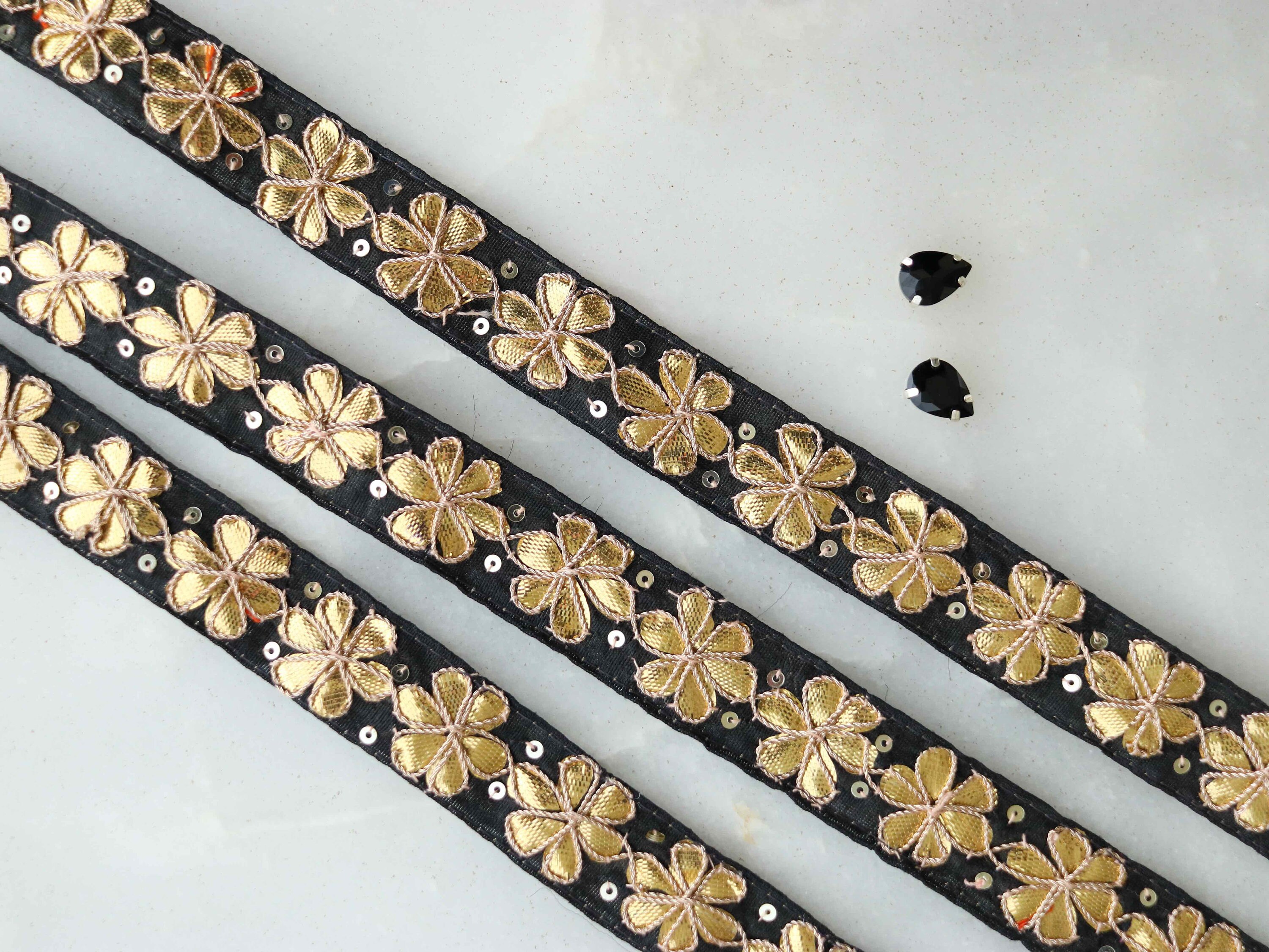 Black Gold Floral Embroidered Trimgold Gota Floral - Etsy