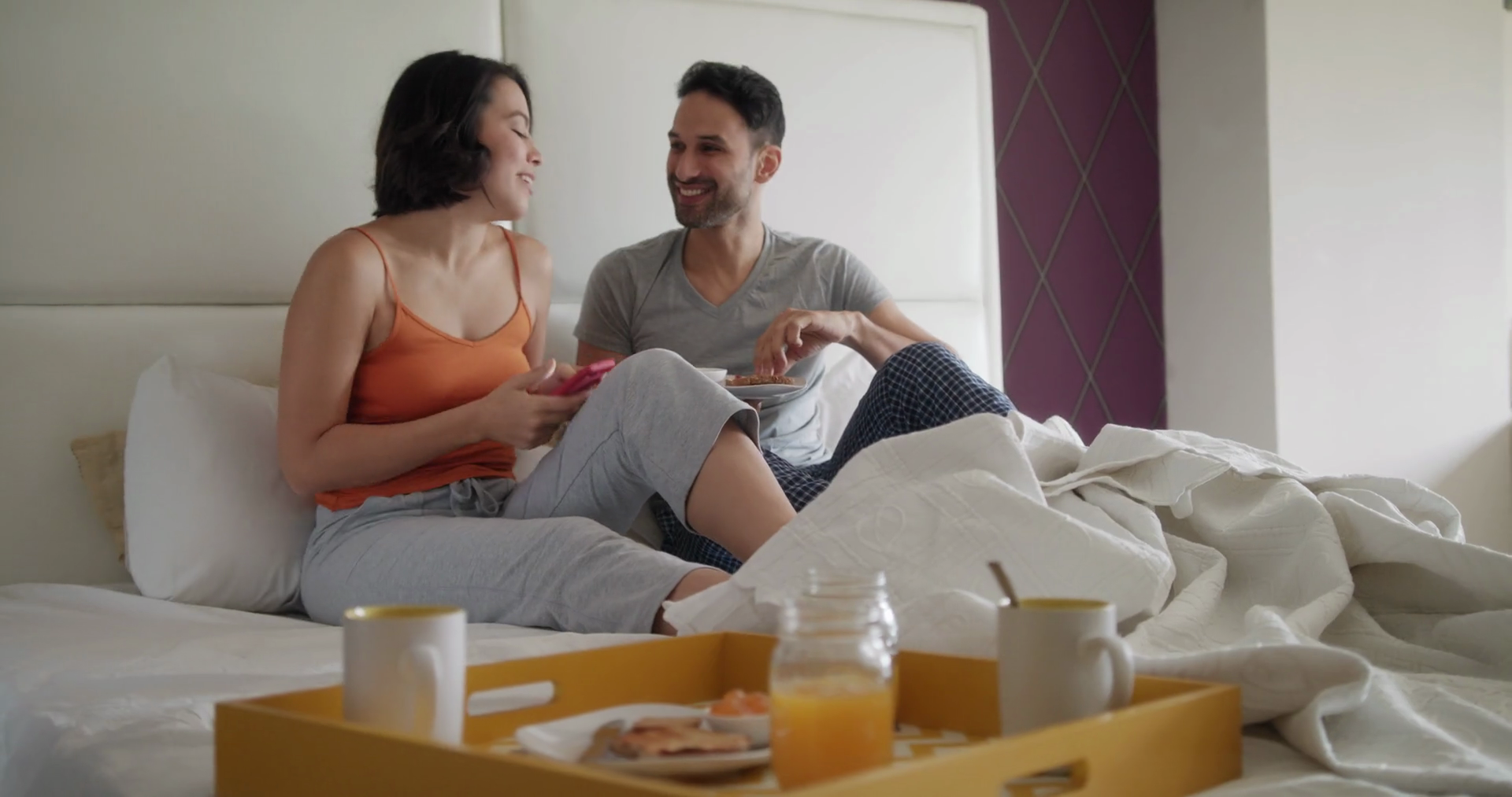 Husband Wife Eating Breakfast In Bed Using Stock Footage SBV ...