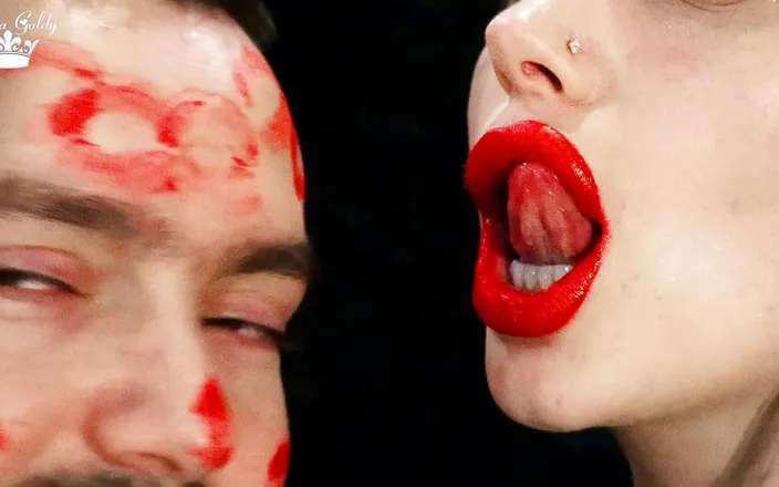 Covering Alex face with red lipsticks kisses by Goddess Misha ...