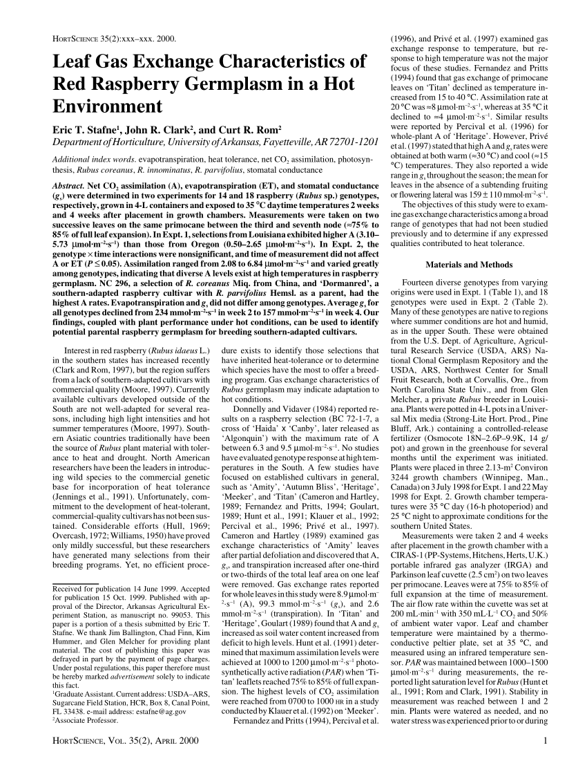 PDF) Leaf Gas Exchange Characteristics of Red Raspberry Germplasm ...