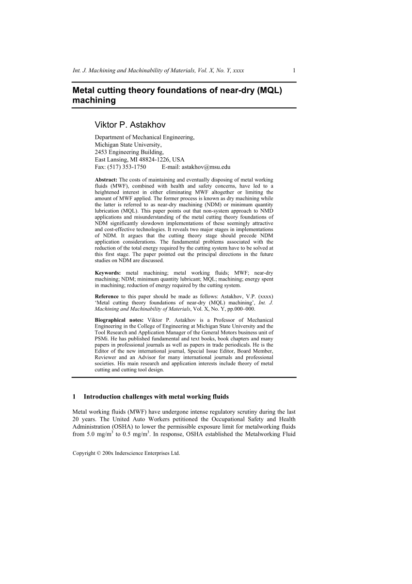 PDF) Metal cutting theory foundations of near-dry (MQL) machining