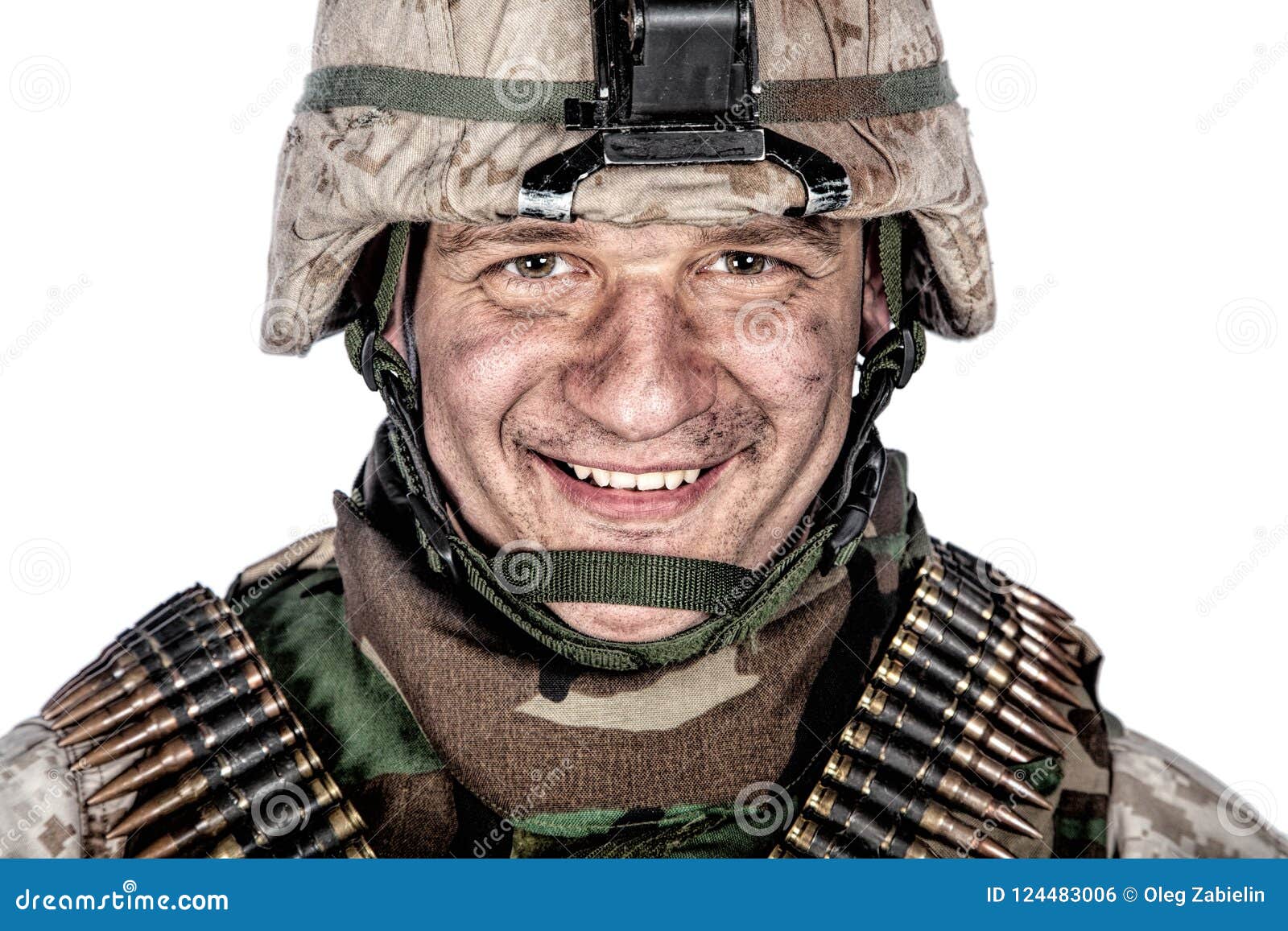 Happy Smiling Commando Soldier in Combat Helmet Stock Photo ...