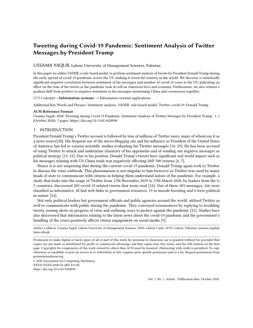 PDF) Tweeting during Covid-19 Pandemic: Sentiment Analysis of ...