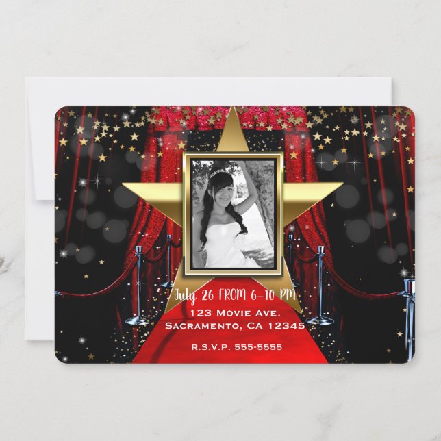 Red Carpet Hollywood Gold Stars Photo Party Invitation | Zazzle