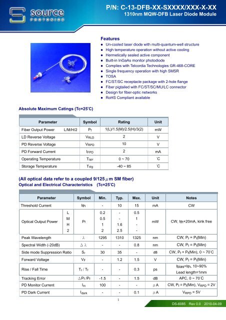 P/N: C-13-DFB-XX-SXXXX/XXX-X-XX - Source Photonics