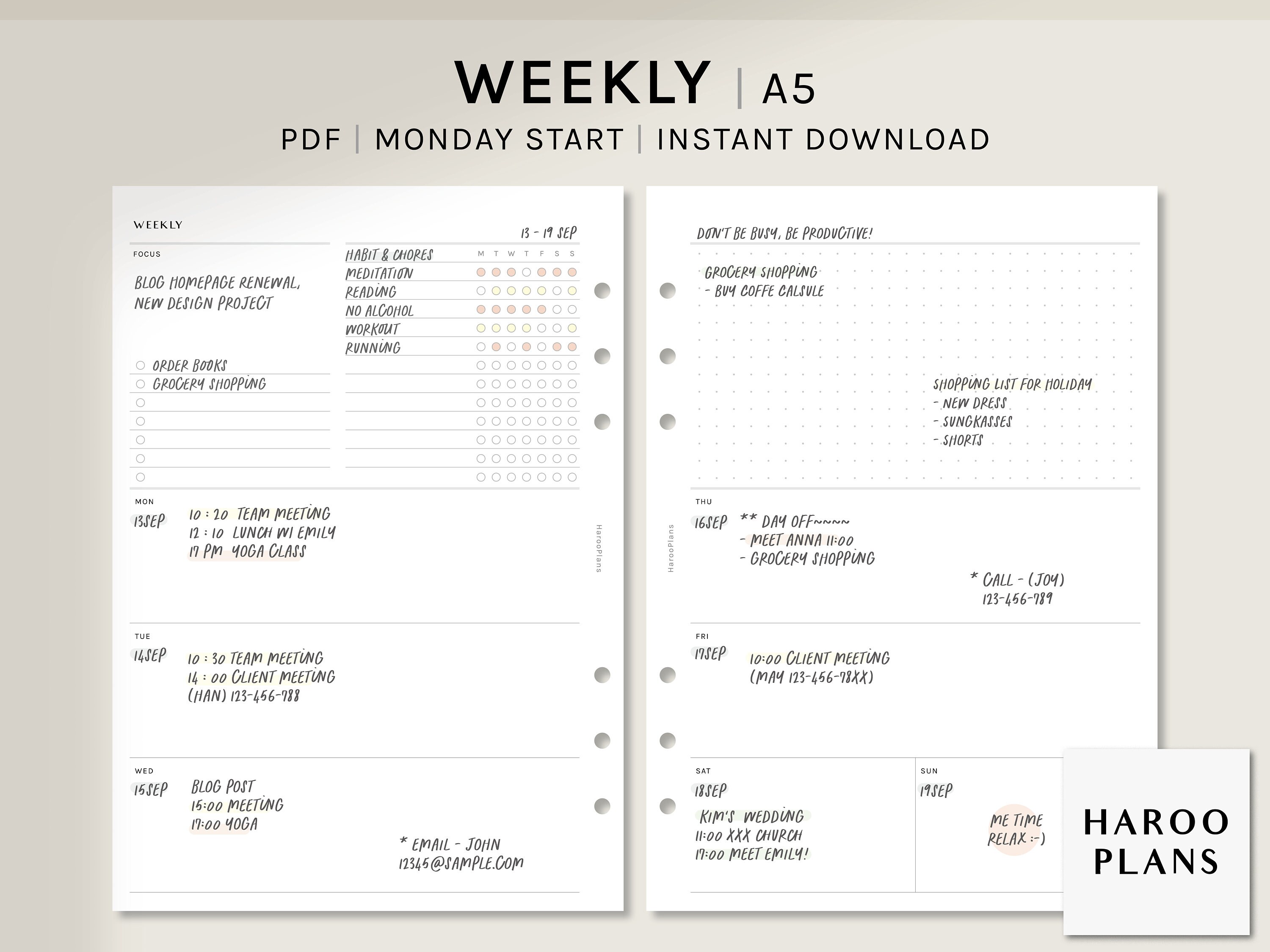 Simple Weekly A5 Printable Planner Inserts Monday Start - Etsy