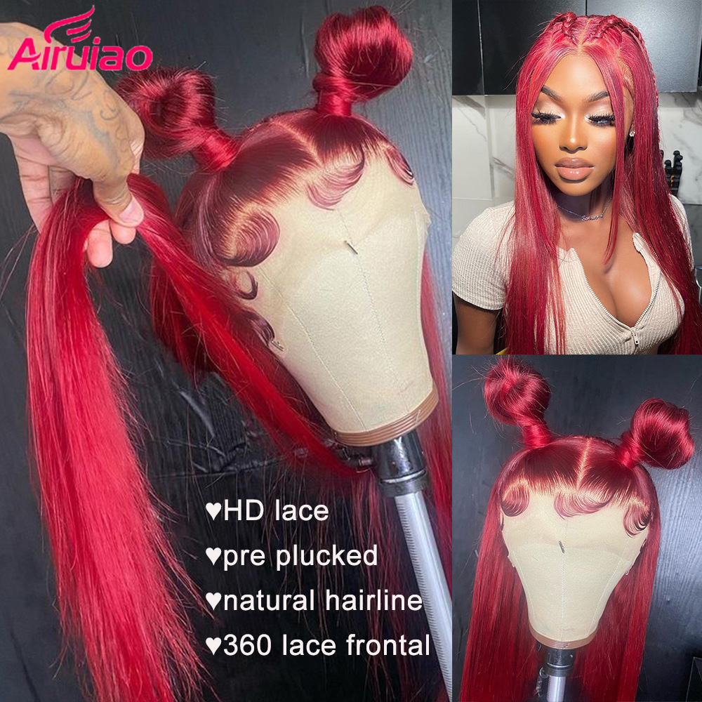 Red 360 HD Transparent Lace Frontal Human Hair Wigs Bleacked Knots ...