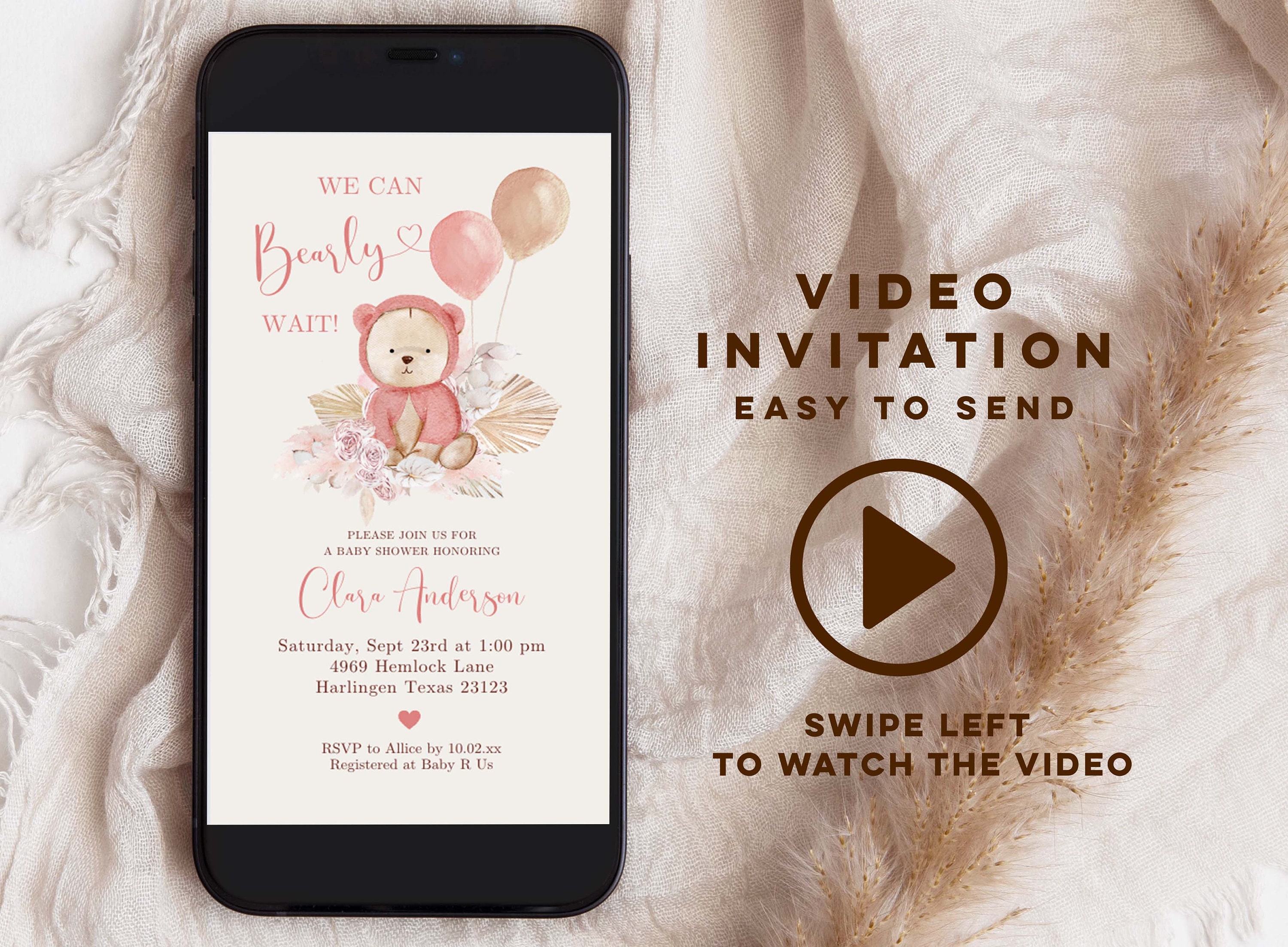 Girl Pink Boho Bear Baby Shower Video Invitation Elegant Bear - Etsy