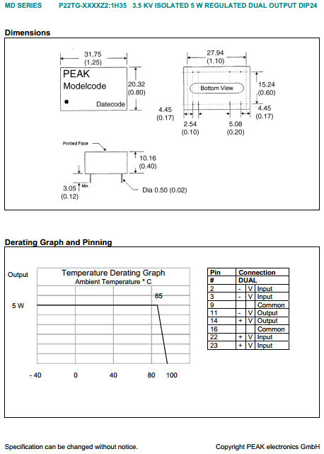 P22TG-xxxxZ2:1H35 - 5W Regulated Dual Output - PEAK