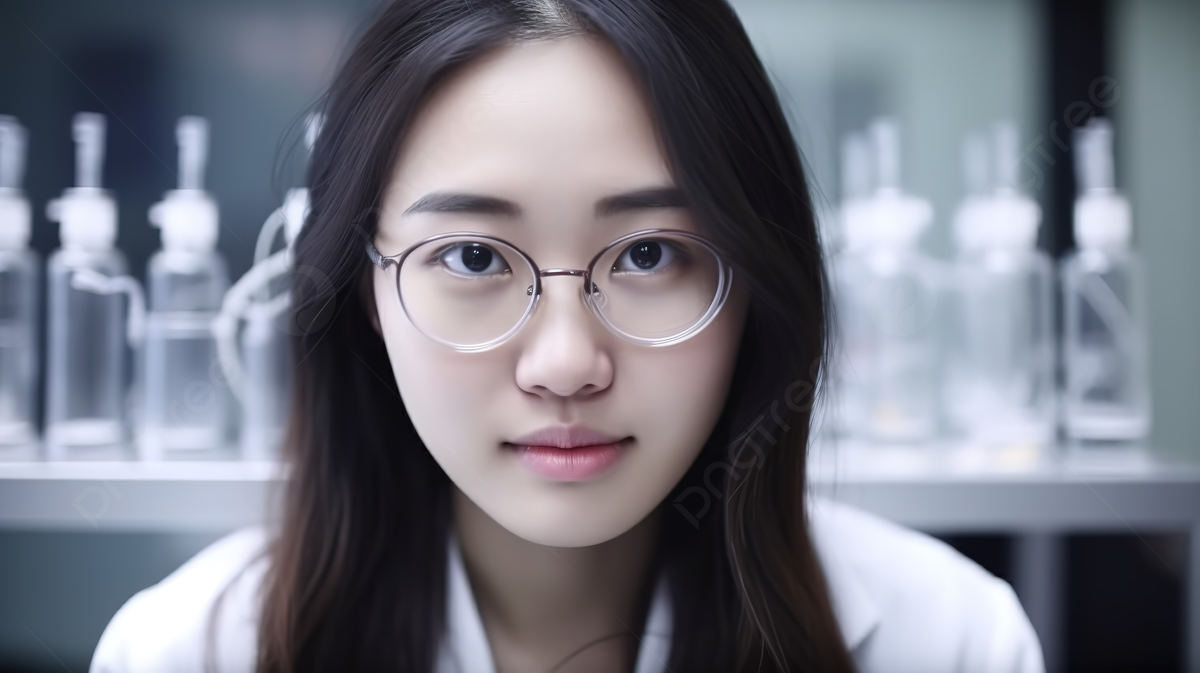 Young Asian Woman In A Lab Coat Background, Close Up Of Face Of ...