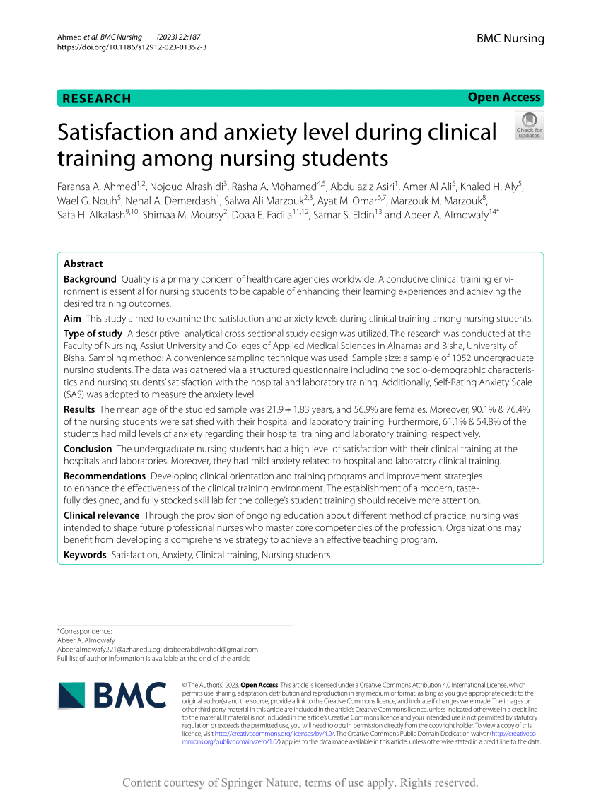 PDF) Satisfaction and anxiety level during clinical training among ...