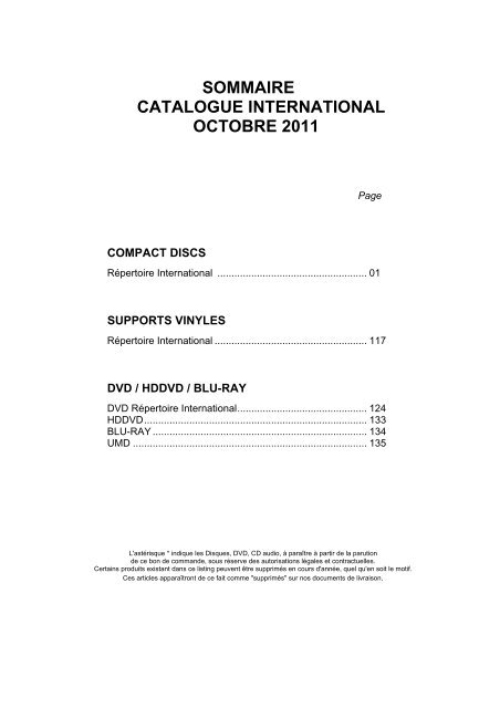 SOMMAIRE CATALOGUE INTERNATIONAL OCTOBRE 2011