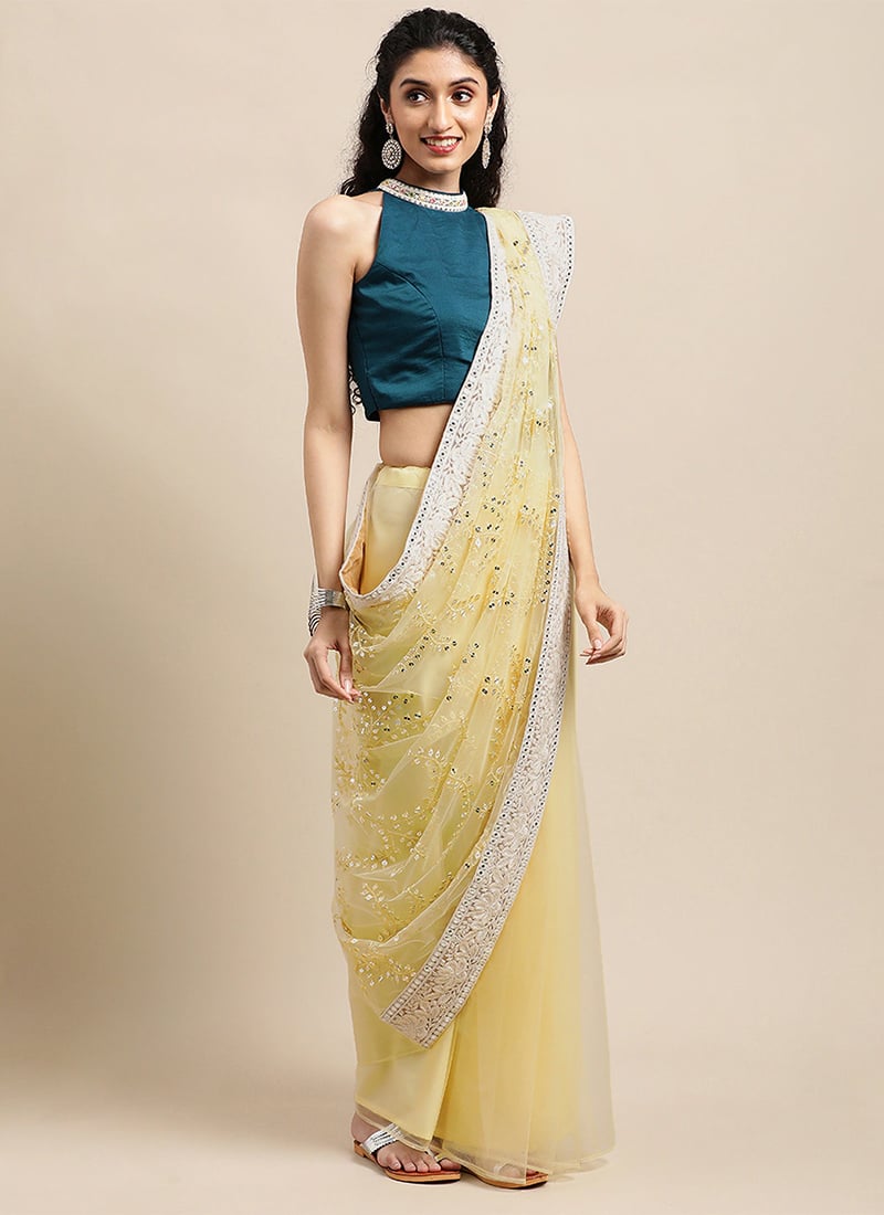 Gold Faux Georgette Embroidered Teen Girls Sarees TGSABS02110837