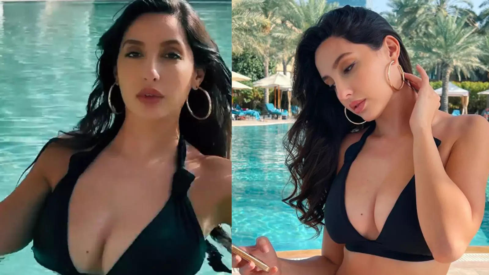 Nora Fatehi takes a dip in pool in black swimsuit, shows off her ...