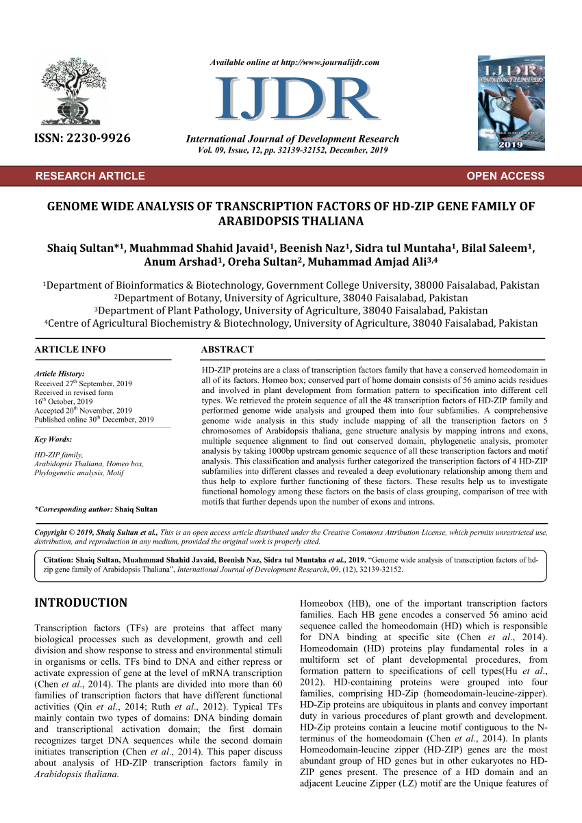 PDF) GENOME WIDE ANALYSIS OF TRANSCRIPTION FACTORS OF HD-ZIP GENE ...