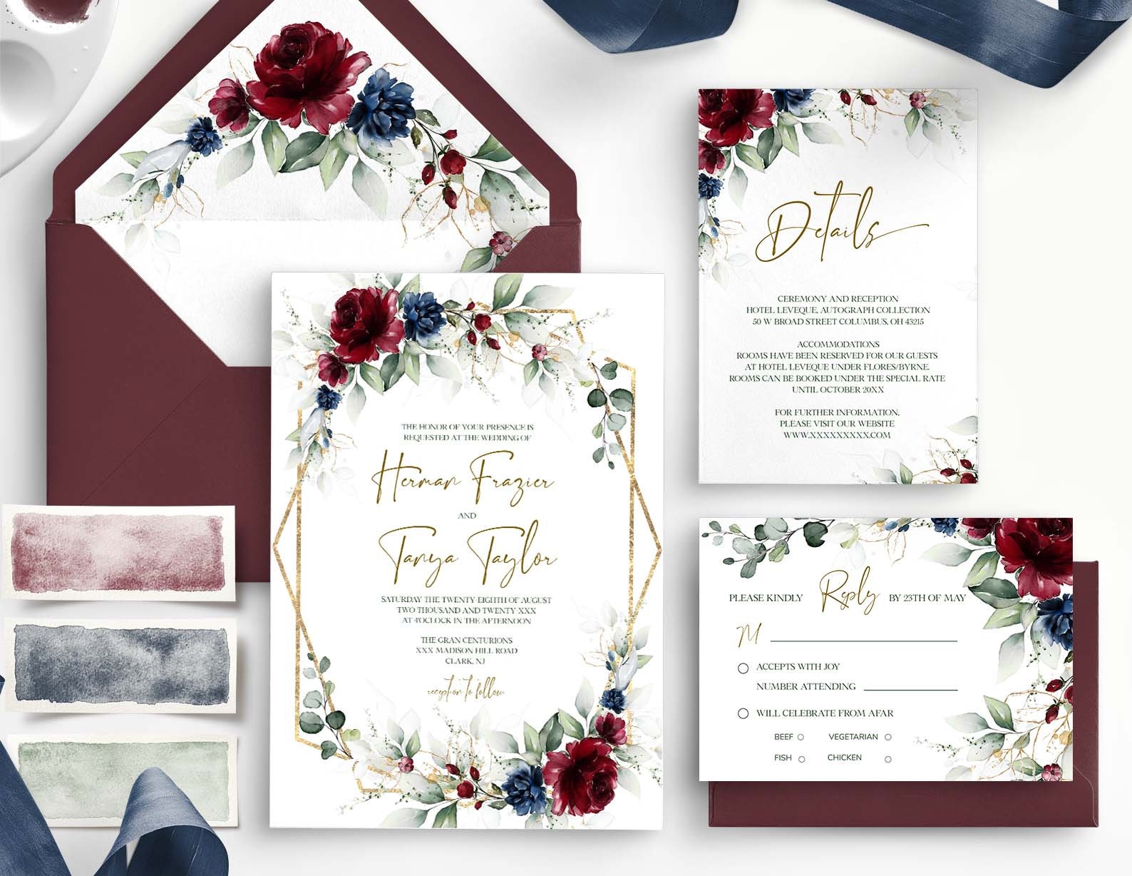 ROSA Burgundy and Blue Navy Wedding Invitation Bundle - Etsy