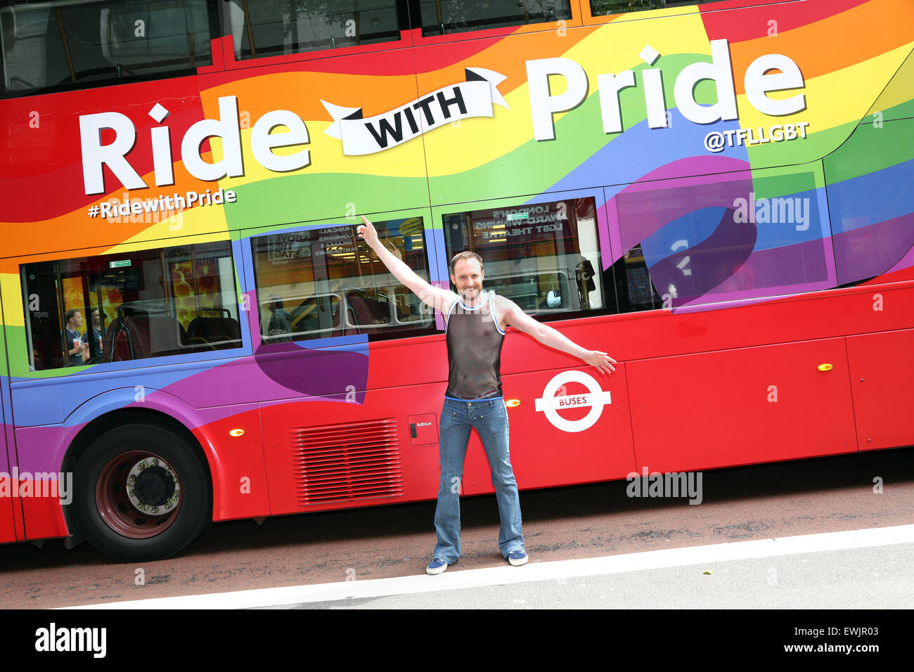 London, UK. 27th June 2015. Rainbow bus at the London Pride Parade ...