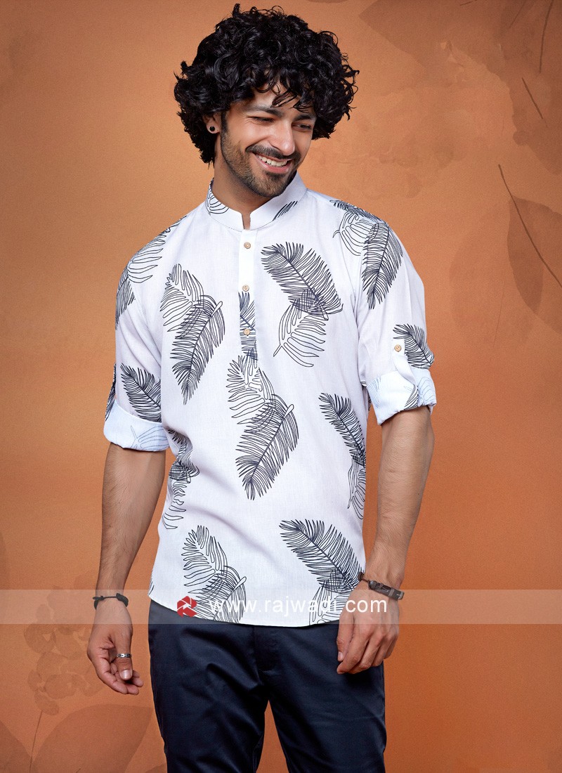 Feather Printed Mens Kurta In Cotton Silk