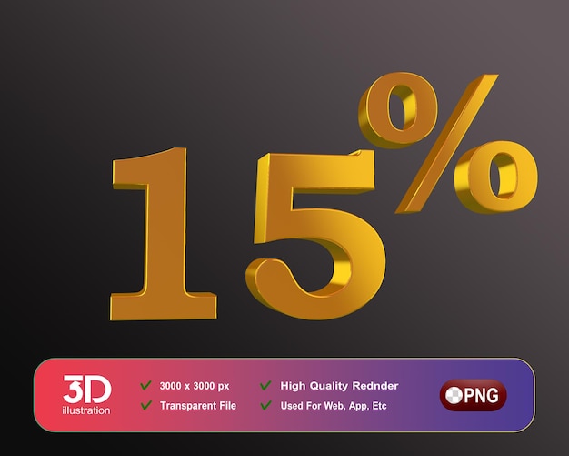 Premium PSD | A 3d image of a golden 15 % symbol on a black ...