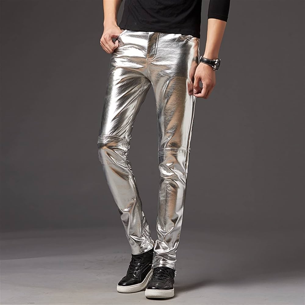 Amazon.com: Mens Skinny Shiny Pu Leather Pants Motorcycle Men ...