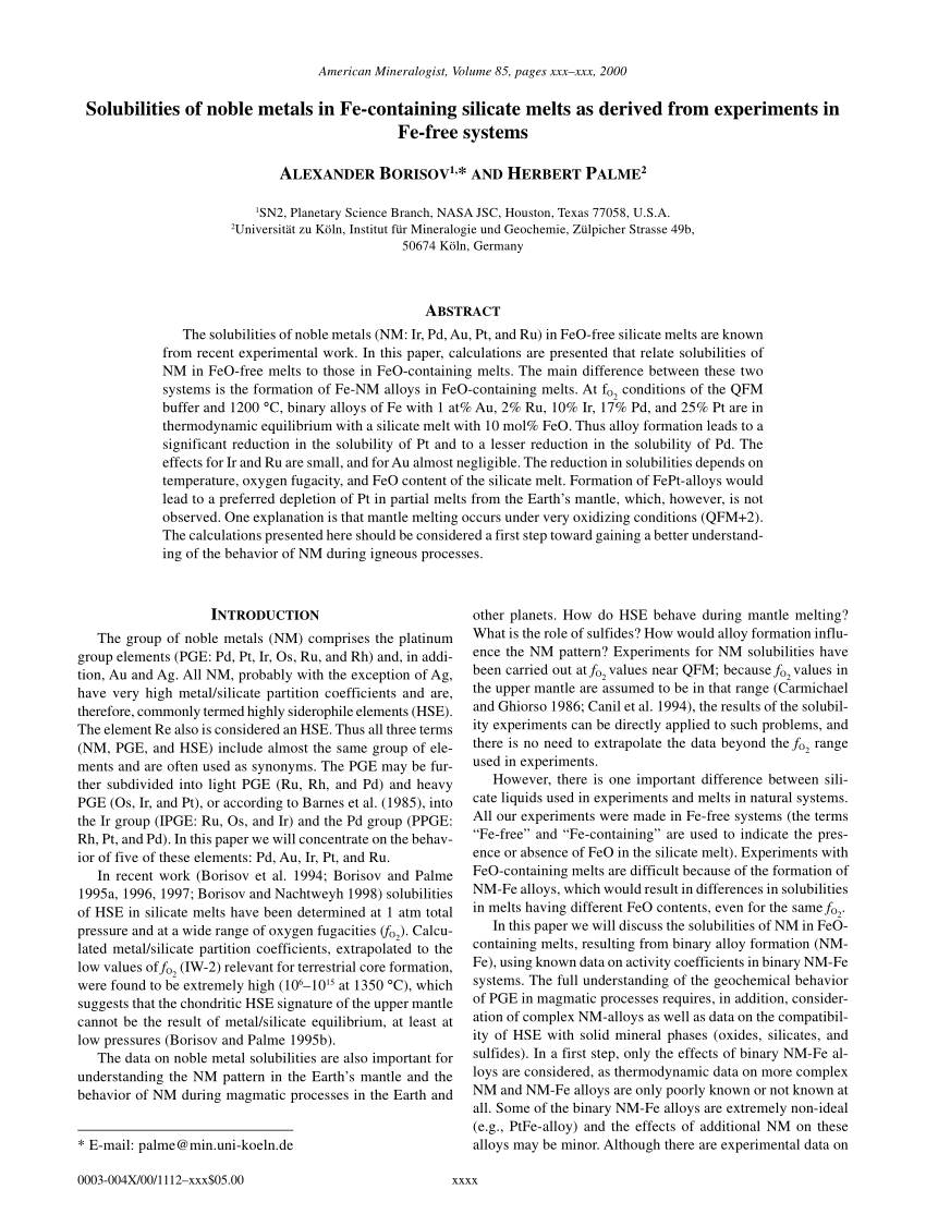 PDF) Solubilities of noble metals in Fe-containing silicate melts ...