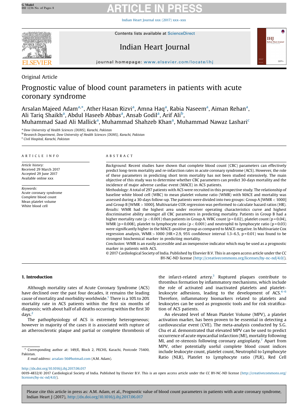 Prognostic value of blood count parameters in patients with acute ...