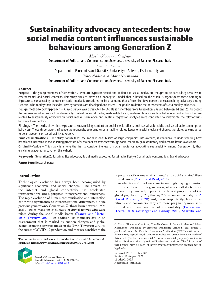 PDF) Sustainability advocacy antecedents: how social media content ...