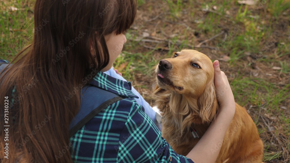 Sexy girl trains dog. Happy dog breeder woman walking with dog ...