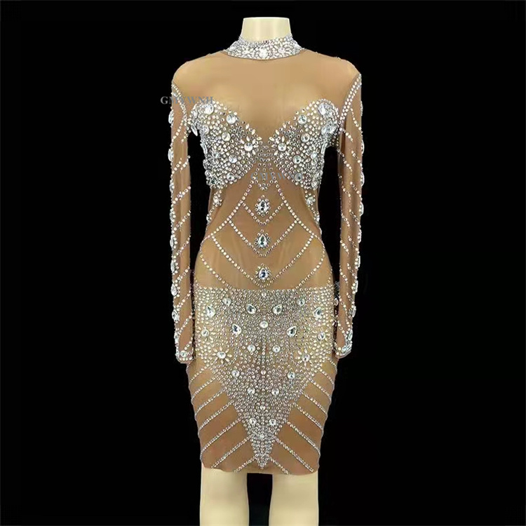 WA50 Xesy Rhinestones Long Sleeve Mesh Women Pole Dance Dress ...