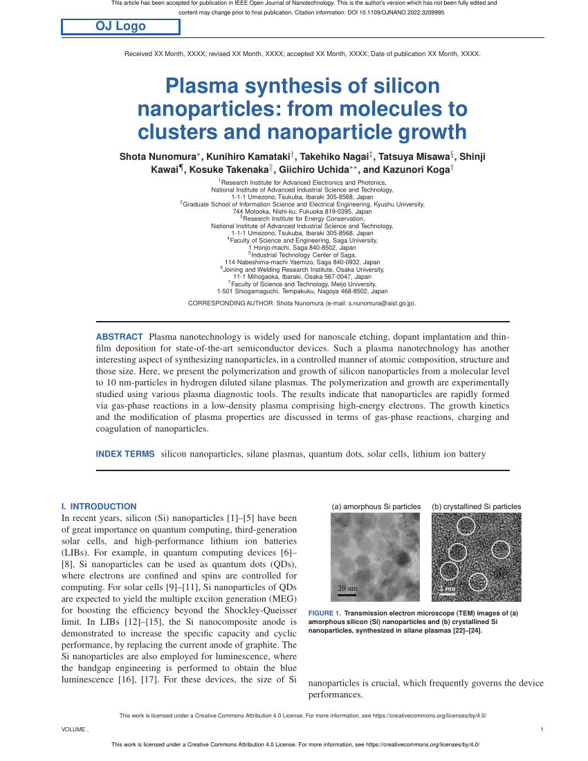 PDF) Plasma Synthesis of Silicon Nanoparticles: From Molecules to ...