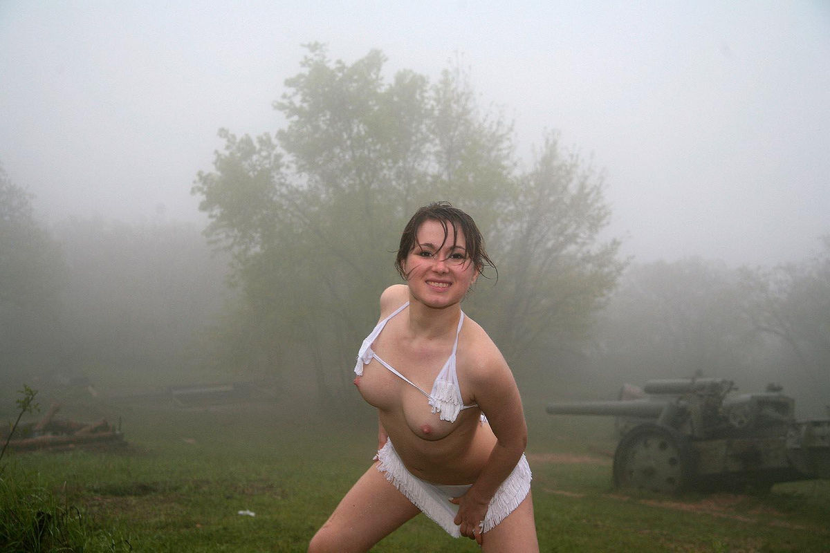 Nice russian brunette shows very hairy pussy at rainy day ...
