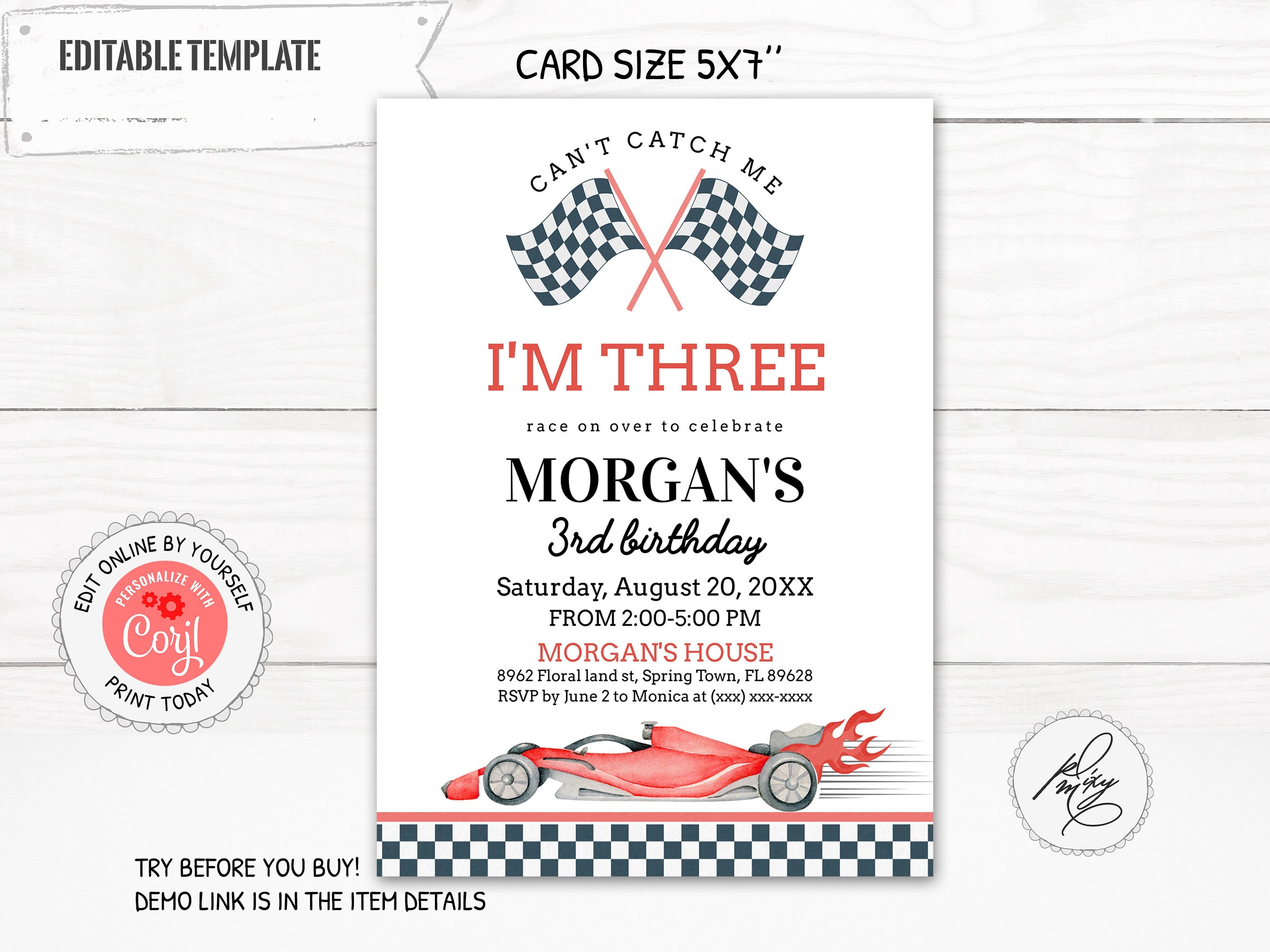 Editable Can't Catch Me Red Race Car 3rd Birthday - Etsy