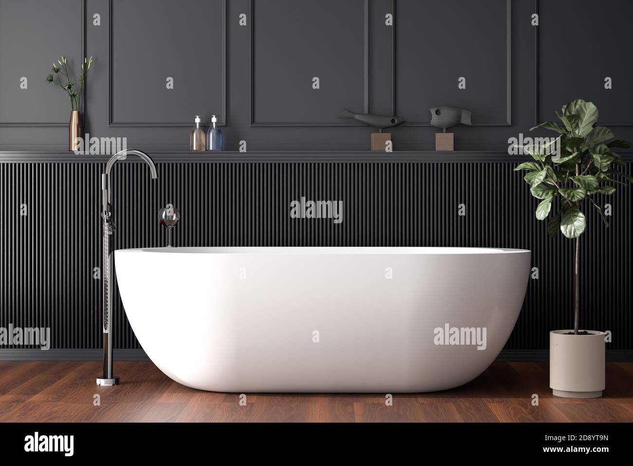 White free standing baththub in a dark paneled bathroom. 3d render ...
