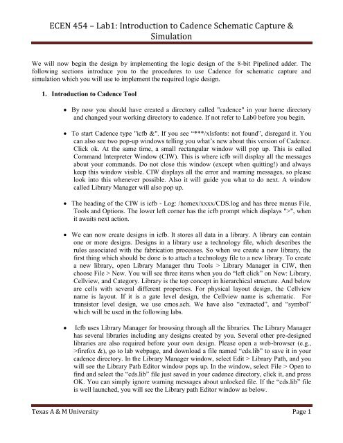 ECEN 454 â€“ Lab1: Introduction to Cadence Schematic Capture ...