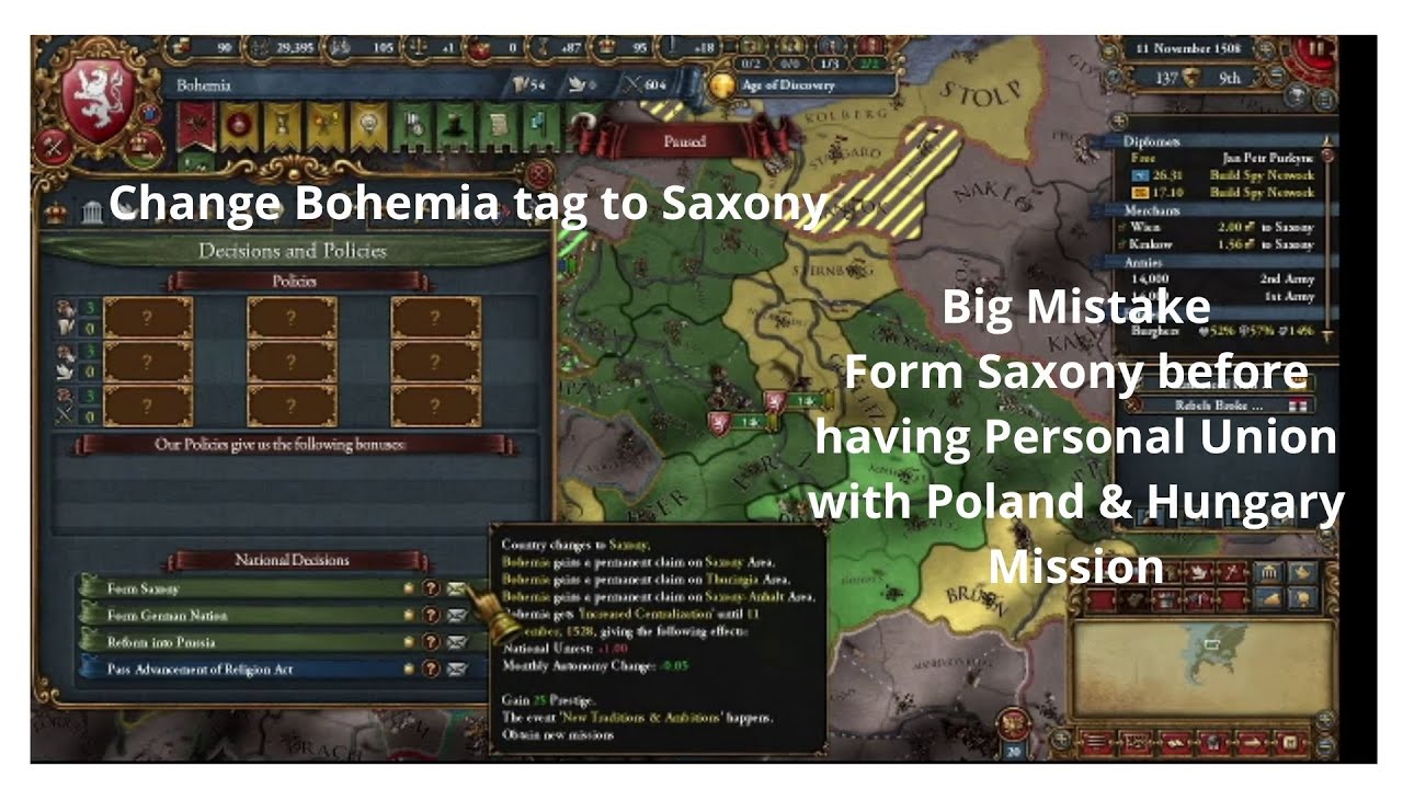 EU4 1 30 Bohemia Part 7 Bohemia Change tag to Saxony - YouTube