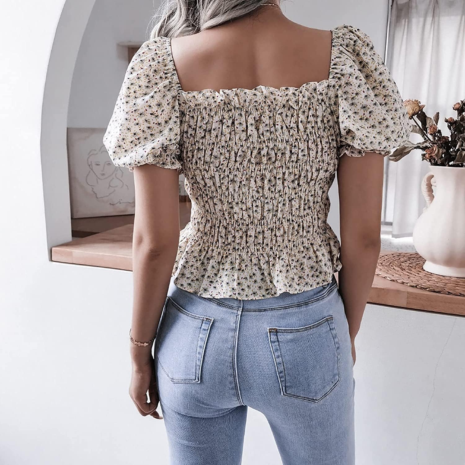 Women Chiffon Top Smocked Neck Cute Ruched Short Sleeve Ruffled ...