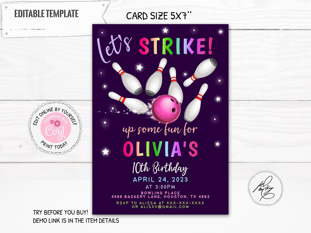 Buy Bowling Birthday Girl Invitation Editable Strike up Some Fun ...