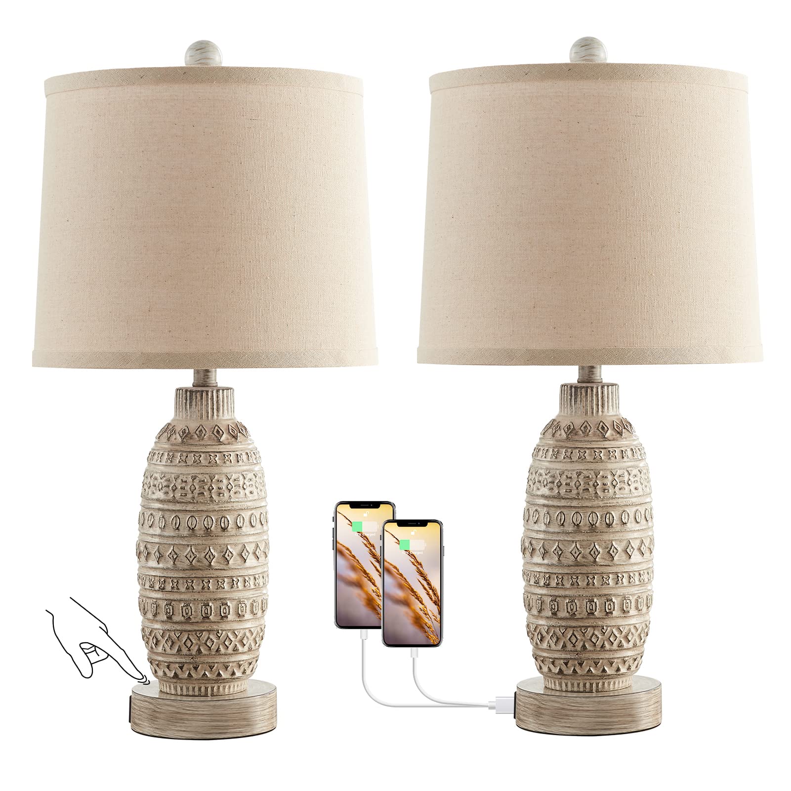 AIEAMPDO Set of 2 Rustic Touch Table Lamps for Bedroom, Dual USB ...