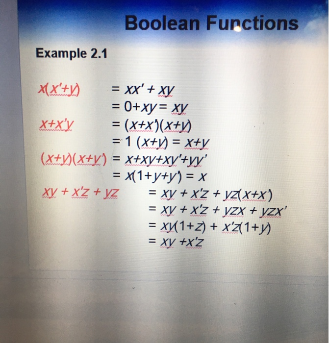 Solved Boolean Furctions Example 2.1 x(x+1) = xx' + xy = | Chegg.com