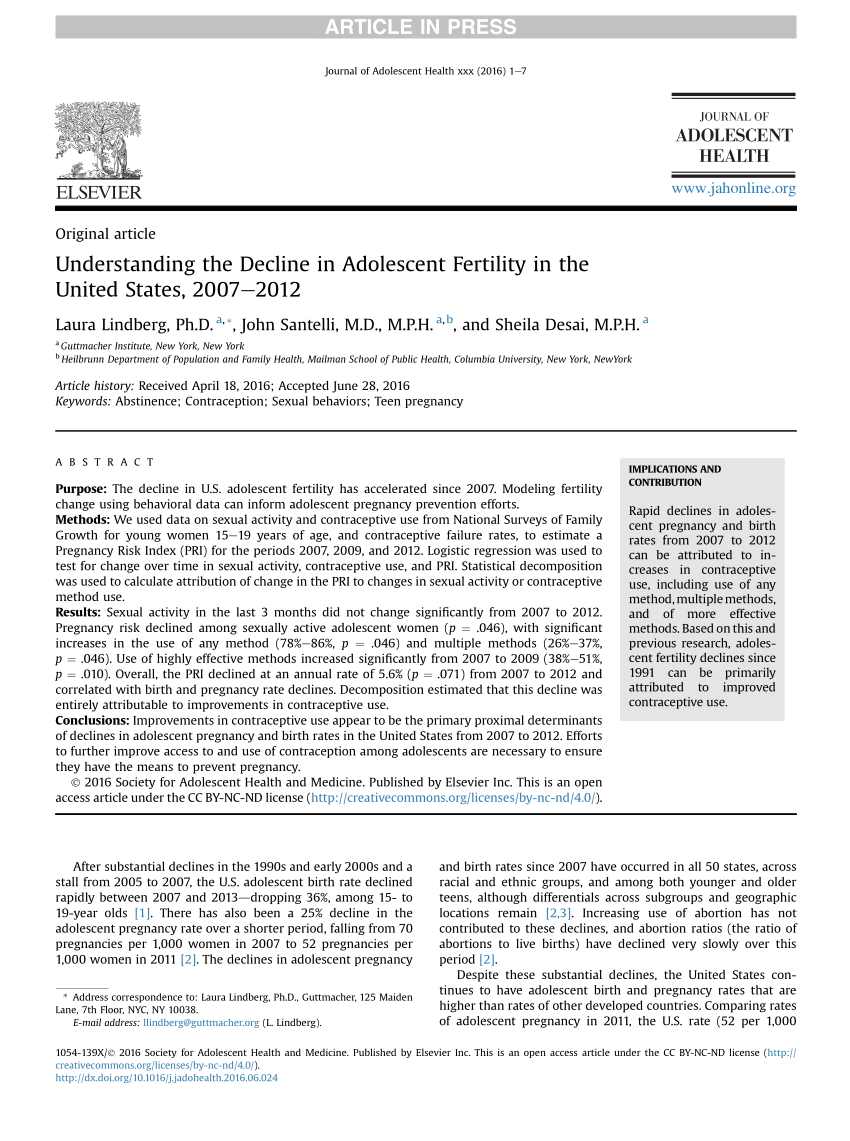 PDF) Understanding the Decline in Adolescent Fertility in the ...