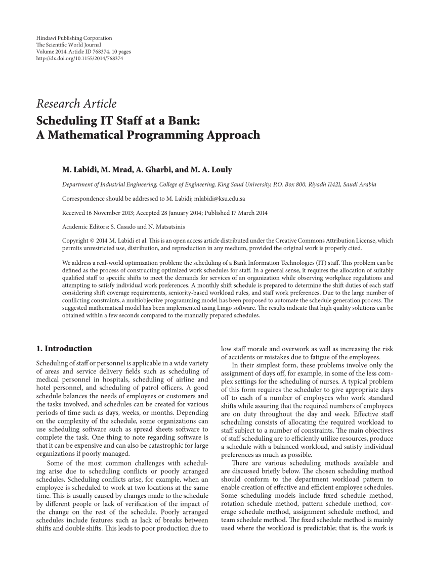 PDF) Scheduling IT Staff at a Bank: A Mathematical Programming ...